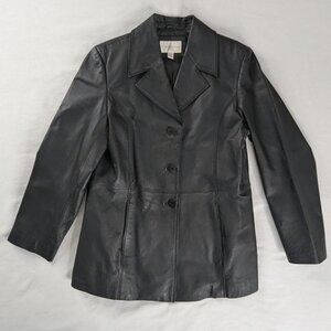 VTG Black Leather Classic Button Front Collared Jacket